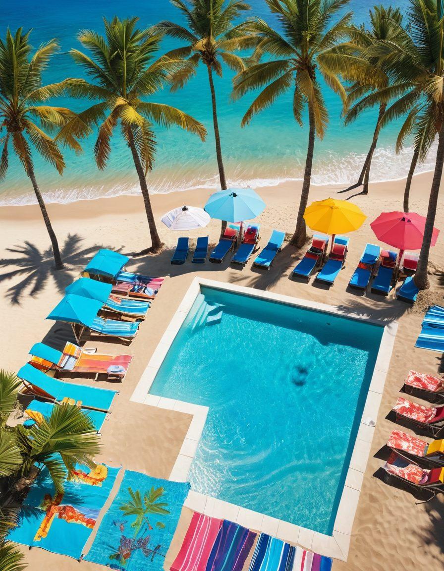 A vibrant tropical beach scene featuring diverse swimwear styles, like bikinis and board shorts, laid out on colorful beach towels. Include sparkling blue water with people enjoying a pool party in the background, palm trees swaying in the breeze, and exotic cocktails on a sandy beach table. Bright, sunny atmosphere with clear skies to evoke a sense of summer vacation. super-realistic. vibrant colors. bright background.